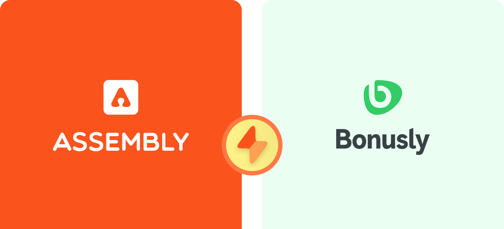 Assembly vs Bonusly comparison - Assembly card vs Bonusly card with lightning badge showing Assembly's advantages