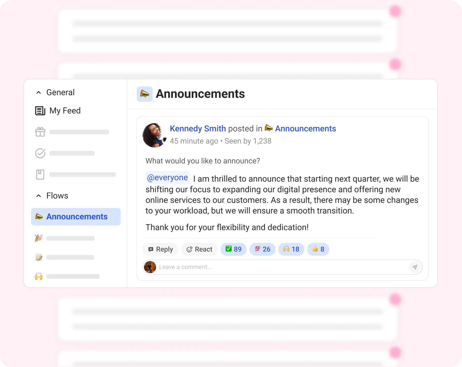 Announcements interface showing company update with read tracking and engagement metrics