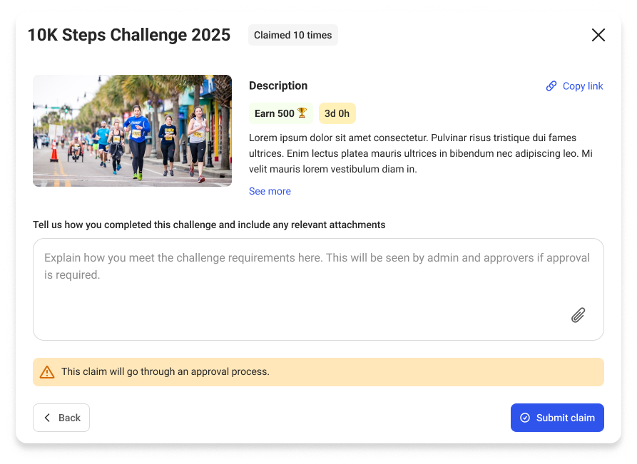 Challenge claim interface showing 10K Steps Challenge with submission form