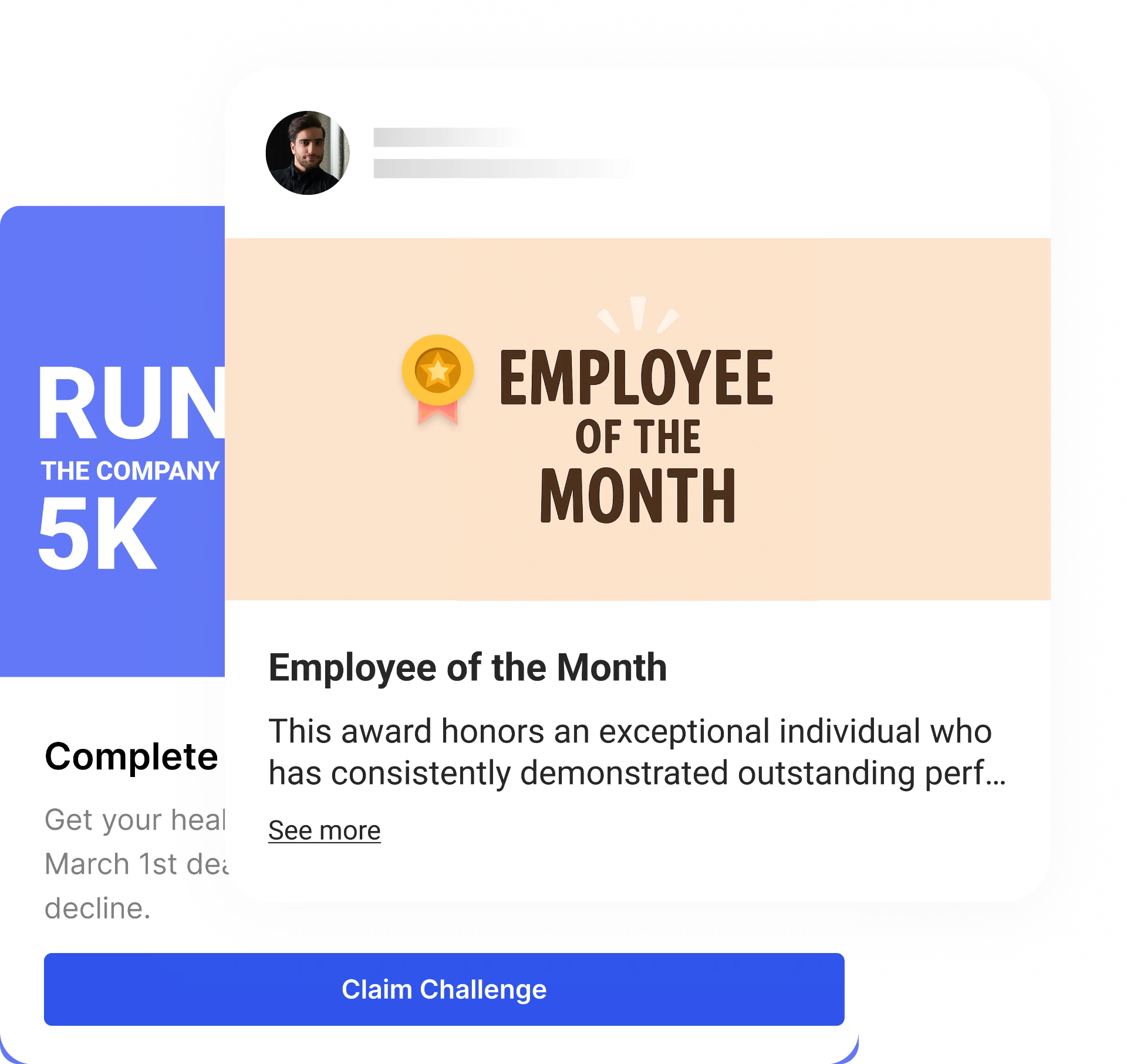 Team Challenges showing security training, company 5k run, and open enrollment challenges with rewards