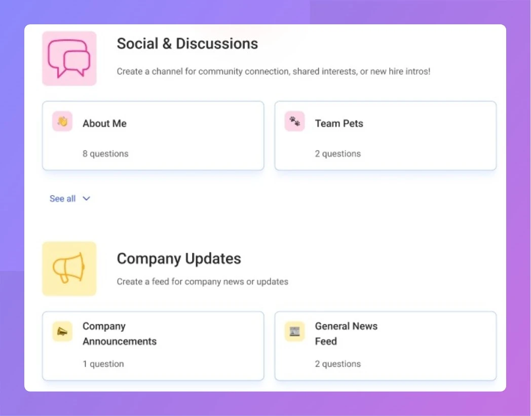 Social & Discussions workflow interface showing community channels and company updates