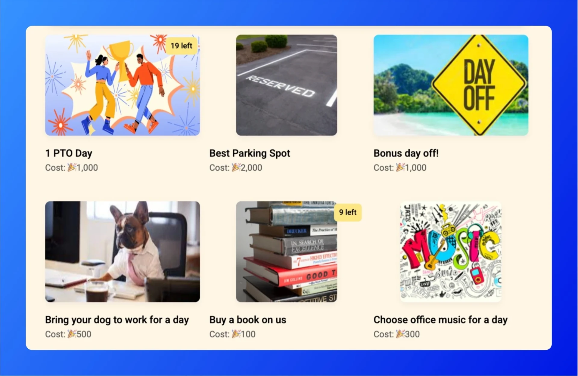 Custom Rewards catalog showing PTO days, parking spots, bring your dog to work, and more
