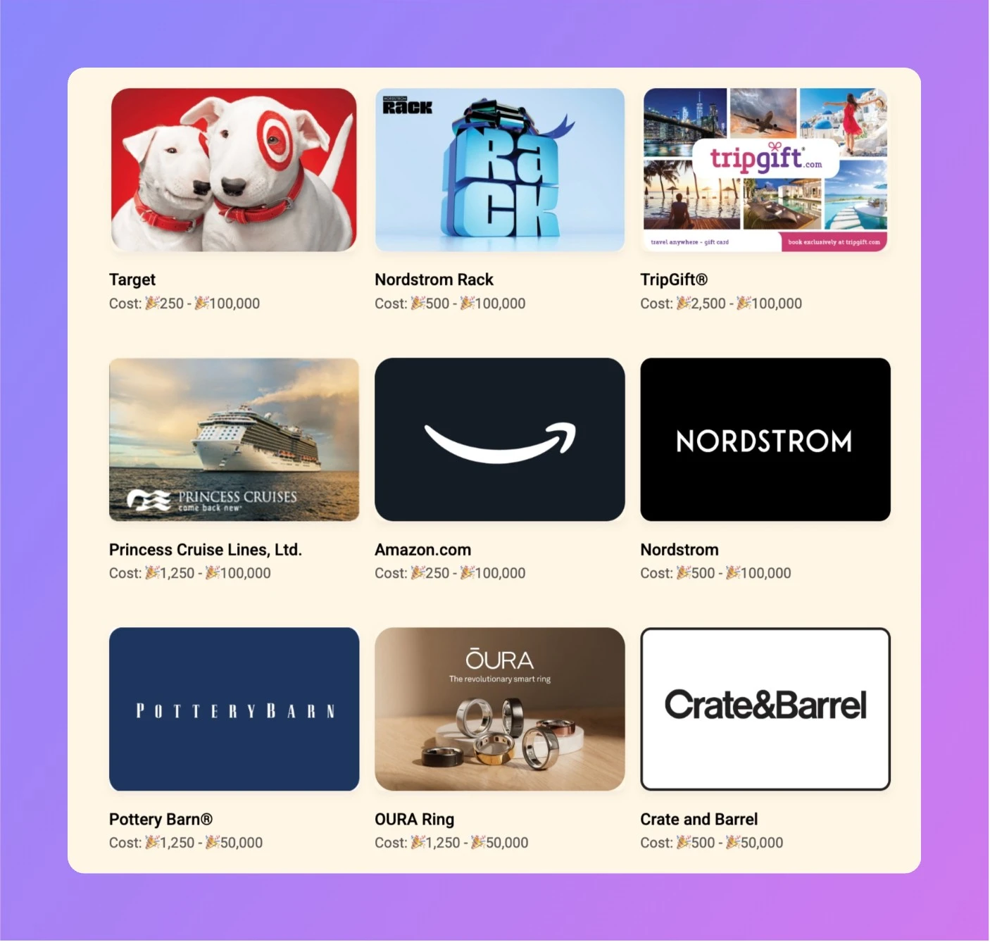 Gift Cards Catalog showing popular brands like Target, Amazon, Nordstrom, and more