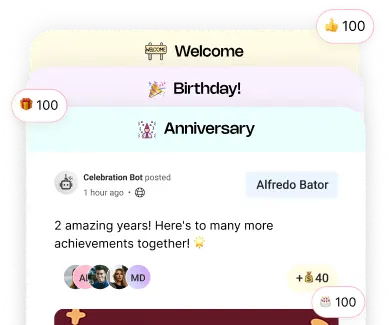 Automated milestone celebrations showing birthday, anniversary, and welcome messages