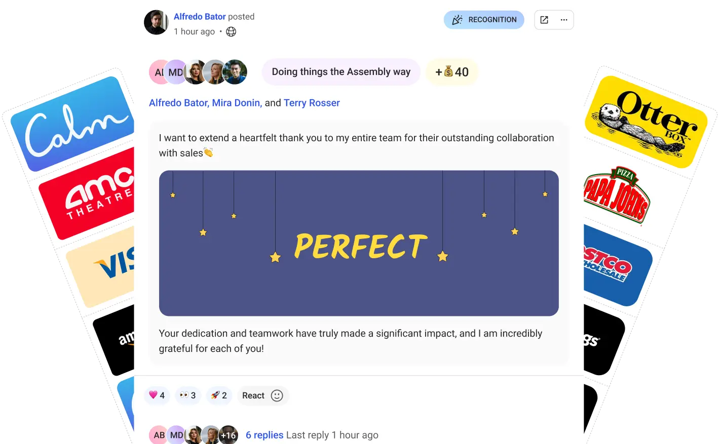 Peer recognition interface showing Lee W. giving recognition to Lucy Wang with engagement reactions