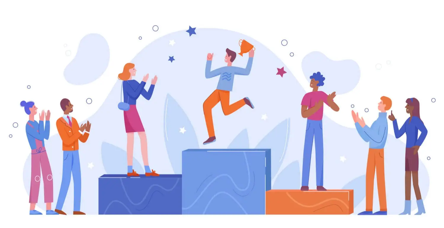Team celebrating employee recognition with person holding trophy on podium