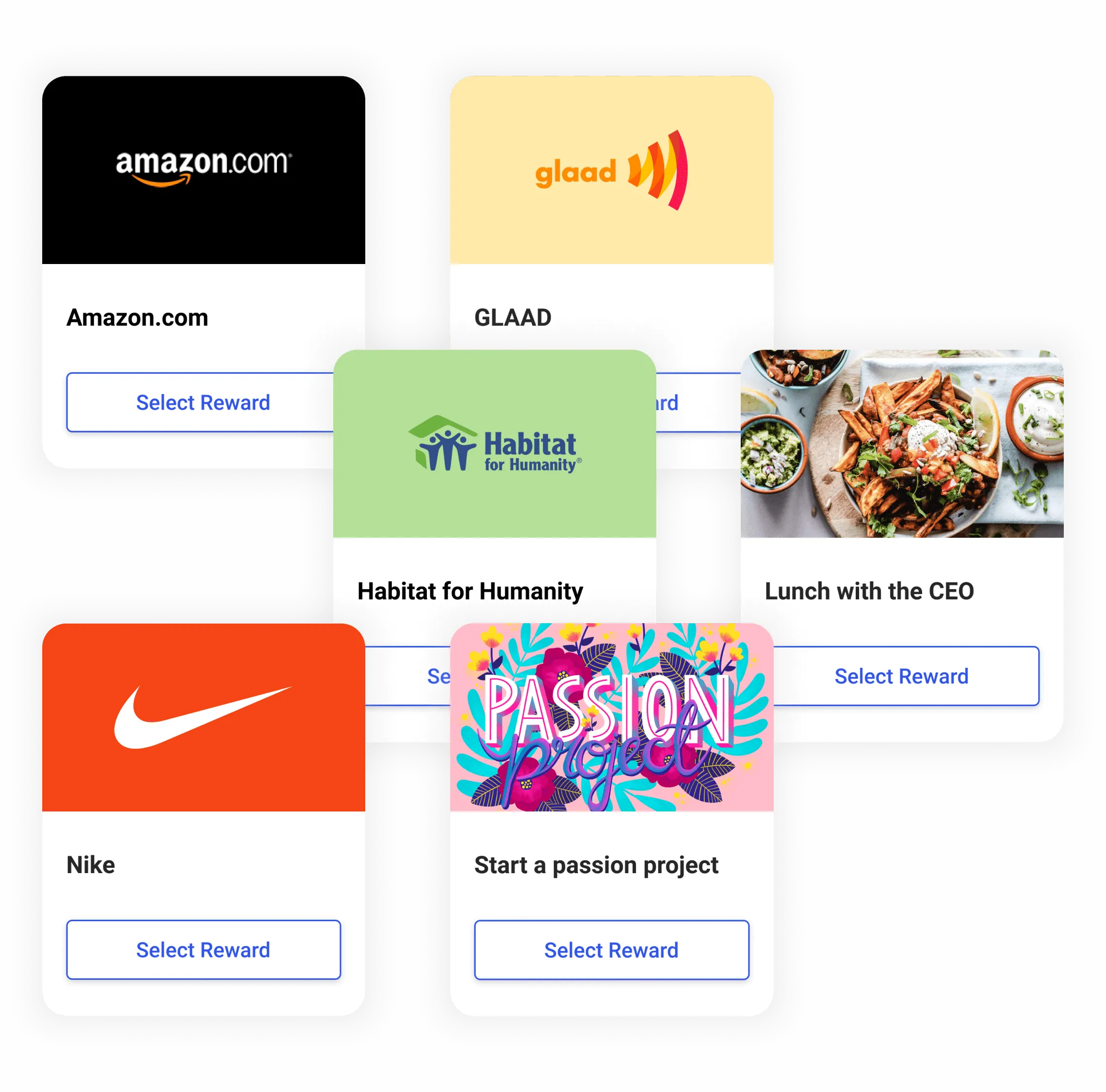 Assembly Rewards Platform showing recognition to reward delivery flow - office, remote, and field employees receiving gift cards, experiences, and perks