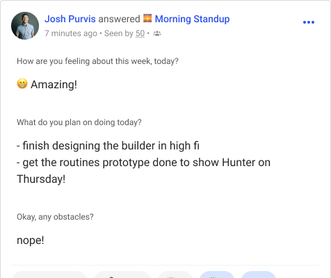 Team member responding to Morning Standup workflow with daily plans and updates
