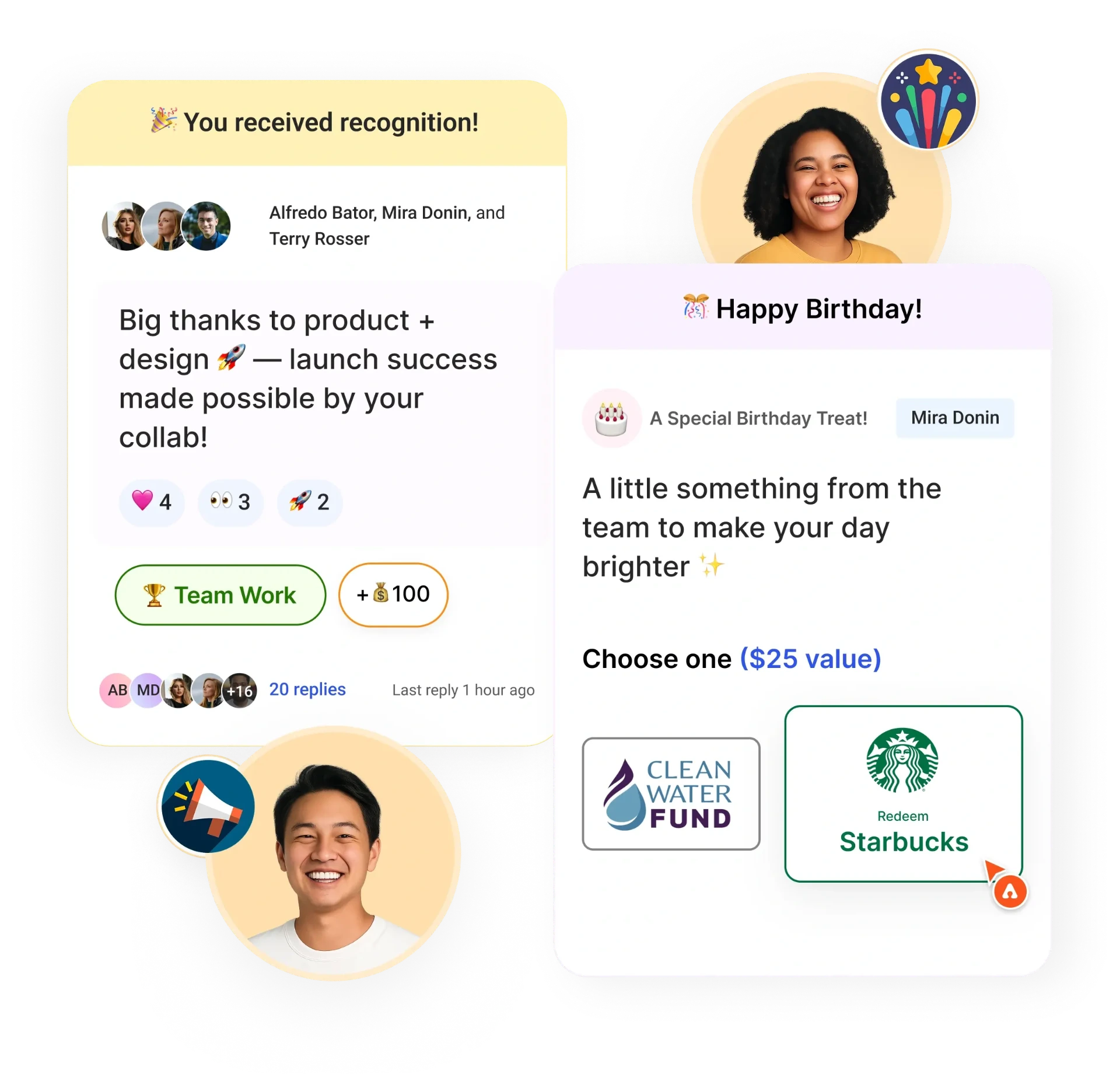 Assembly platform showing team recognition notifications, birthday celebrations, and gift redemption with Starbucks and Amazon options